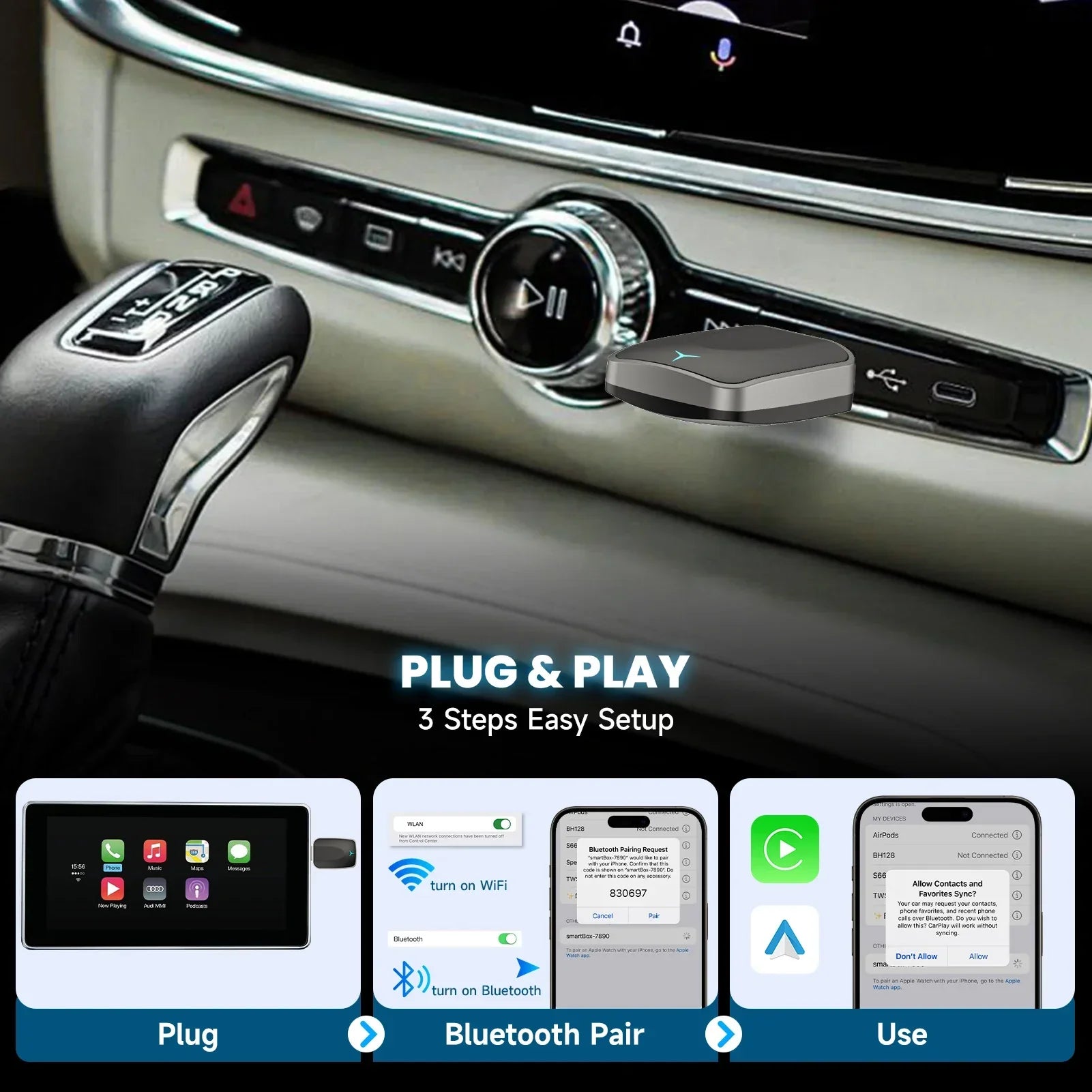Adaptador CarPlay Android Auto con cable a inalámbrico, color negro