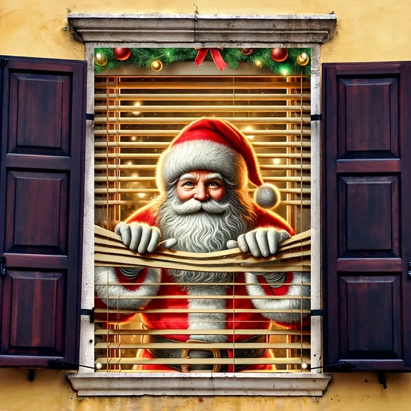 1pc Santa Claus Window Cover 2D Christmas New Year Decoration Indoor Outdoor Party Supplies Polyester Photo Background Cloth