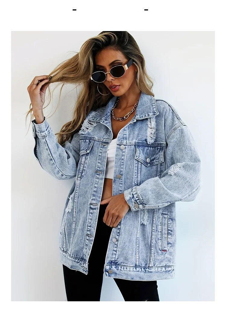 Jeans Jackets for Woman Jackets Euramerican Hole Autumn Winter Women's Jeans Coats Outerwears Denim Top New Female Jean Fashion