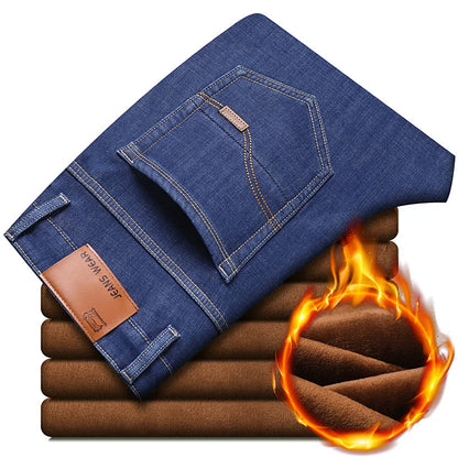 New Men’s Winter Warm Plush Stretch Jeans Thicken Fleece Denim Long Pants Bussiness Casual Baggy Stacked Trousers Thermal Jeans