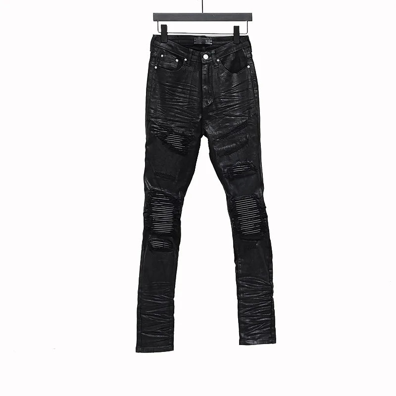 Owen Seak Men‘s  Oil wax Jeans Cotton Denim Slim Autumn Hole Pencil Trousers Designer luxury Pants