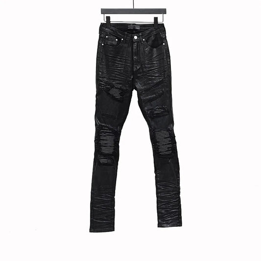 Owen Seak Men‘s  Oil wax Jeans Cotton Denim Slim Autumn Hole Pencil Trousers Designer luxury Pants