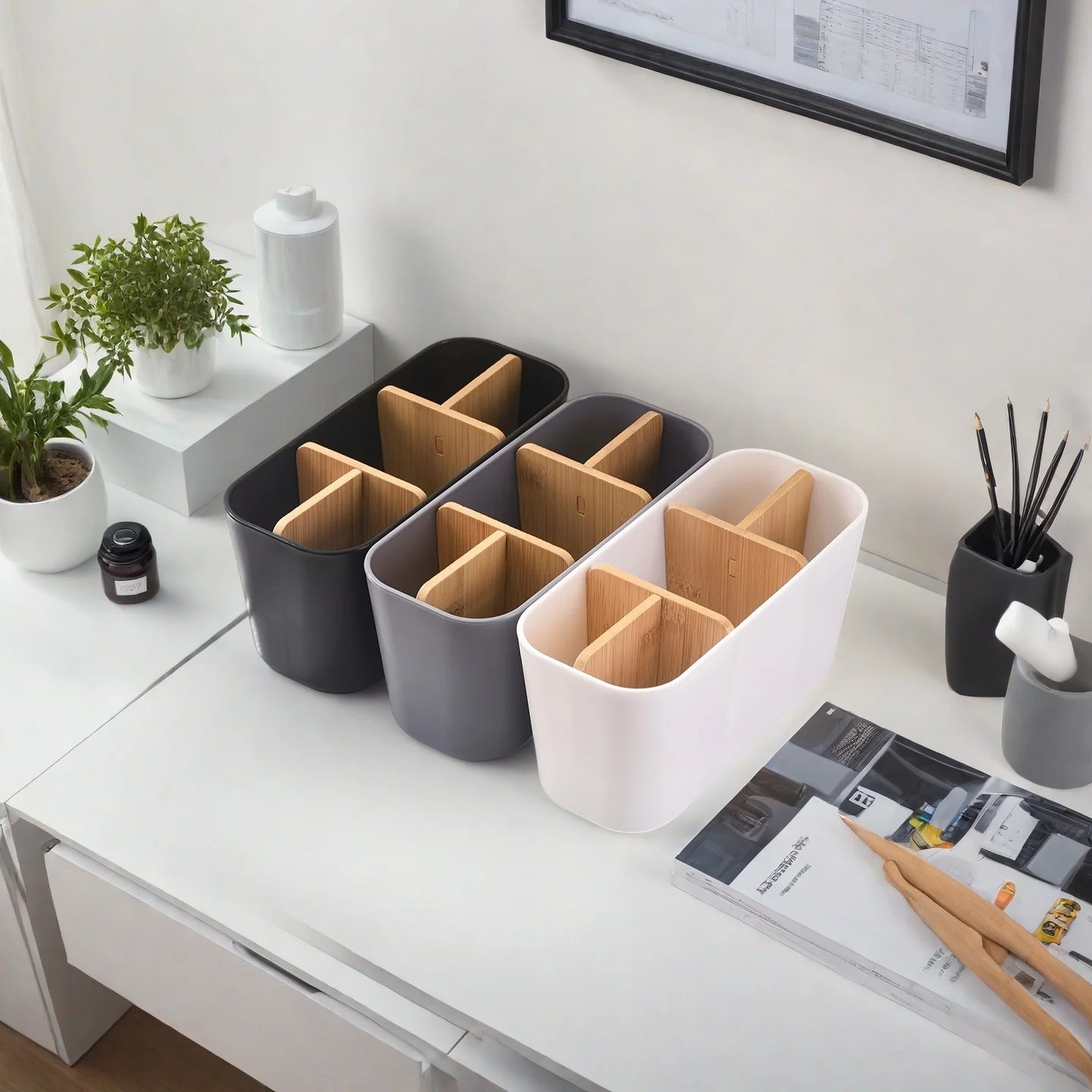 Toothbrush Holders for Bathrooms, Bamboo Tooth Brush Holder with 5 Slots Bathroom Vanity Organizer Countertop for Toothpaste