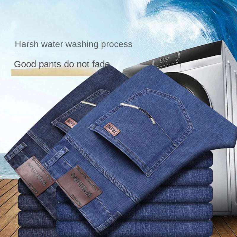 Popular 2024 New Stretch Jeans Business S Business Fashion Straight Regular Blue Stretch Denim Trousers Men's Smart Jeans