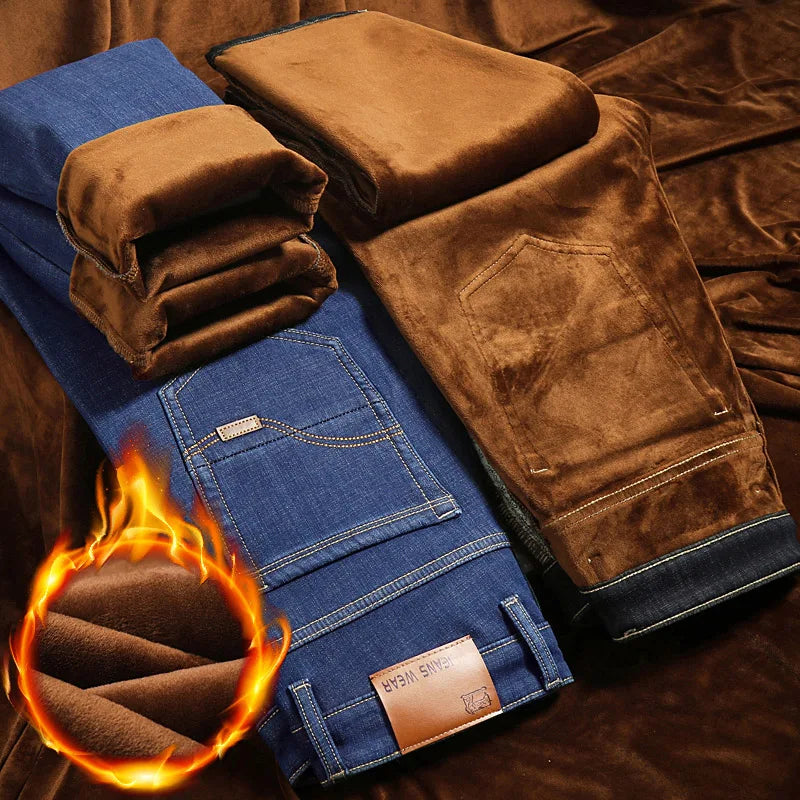 New Men’s Winter Warm Plush Stretch Jeans Thicken Fleece Denim Long Pants Bussiness Casual Baggy Stacked Trousers Thermal Jeans