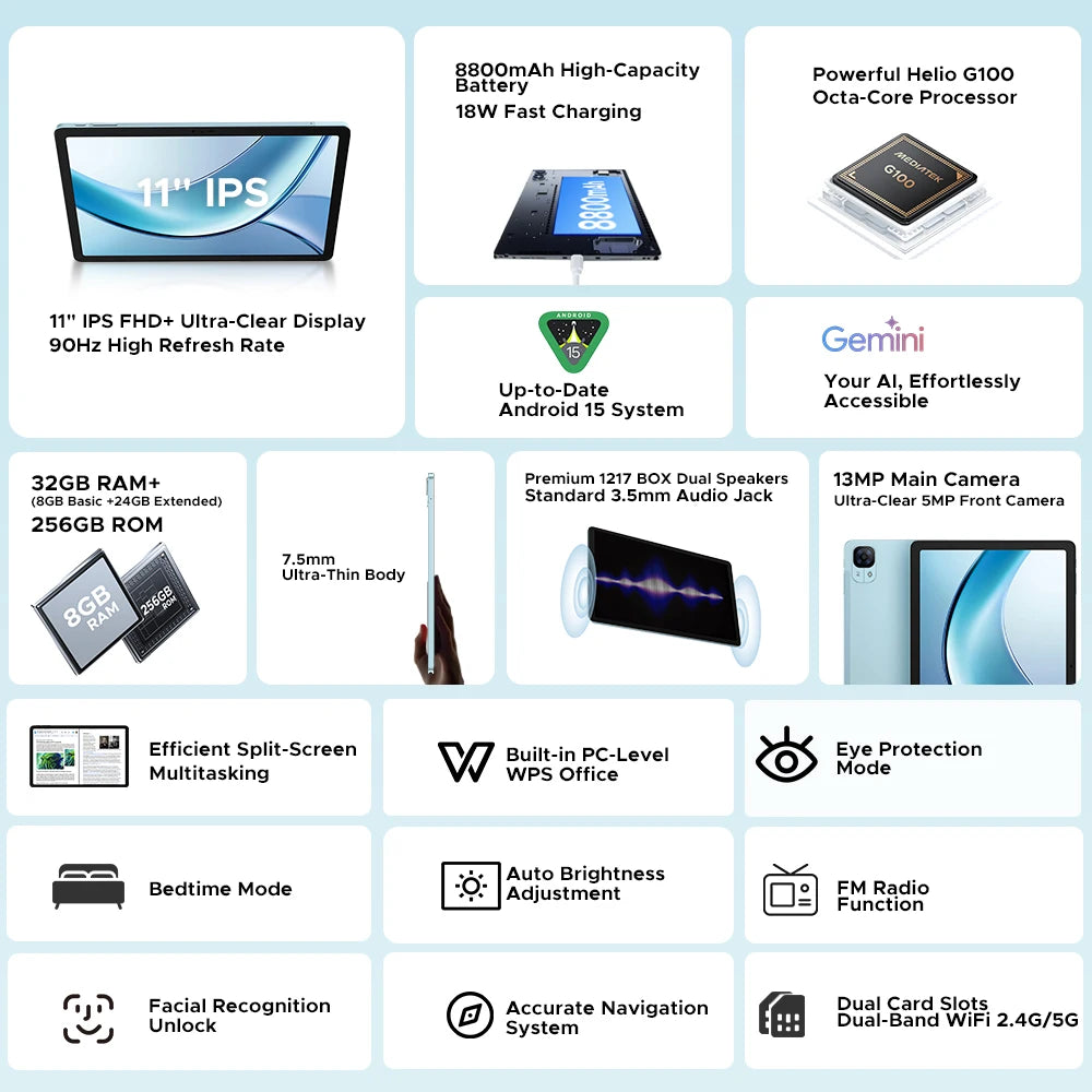 【Brand+】Doogee Tab E3 Tablet Pc Android 15 Gemini Ai 11-Inch Ultra-Clear 32Gb(8+24) 256Gb Helio G100 8800Mah Battery Tablet