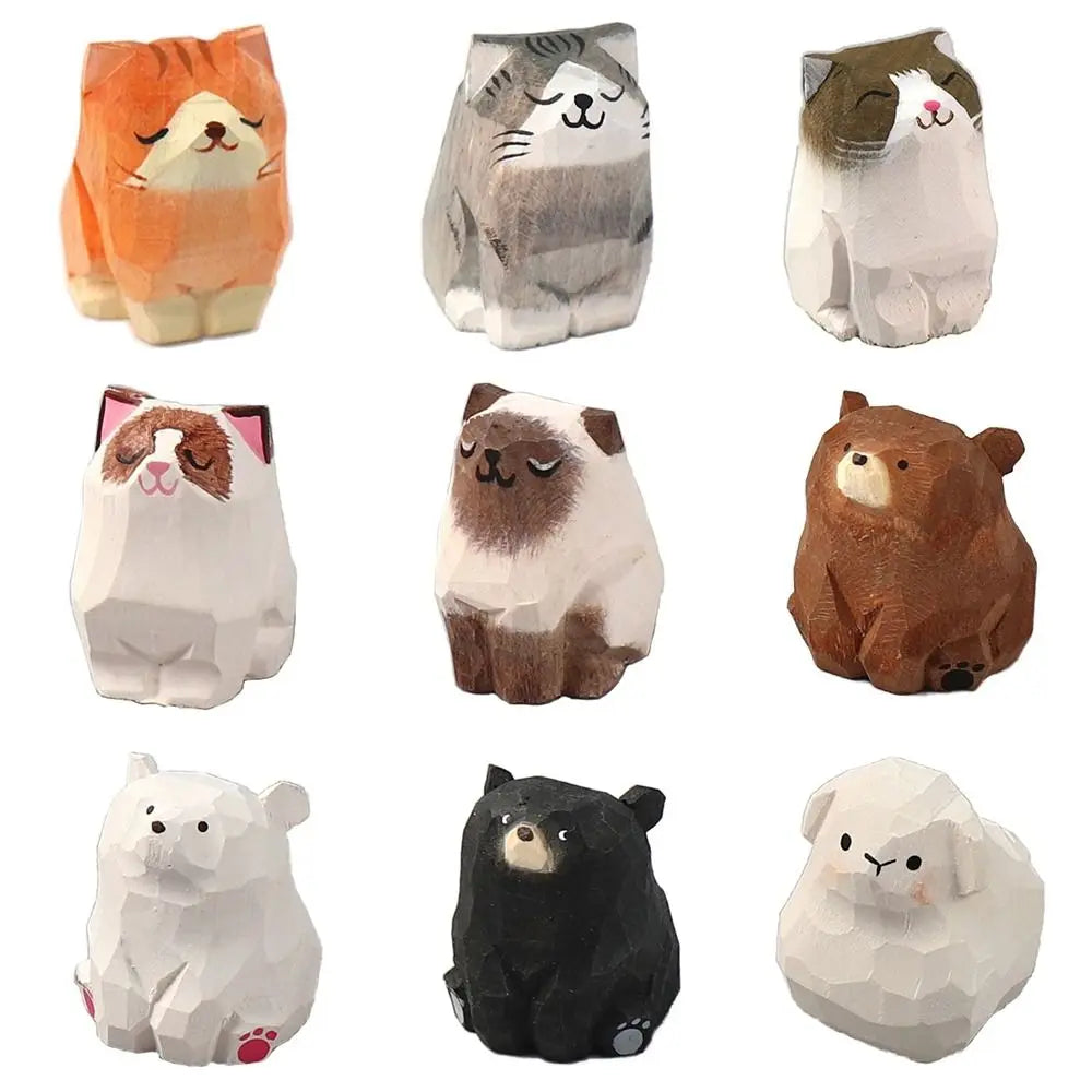 Gift Cartoon Animal Wood Bear Figurine Wooden Kids  Desktop Knick-knack Carved Art Craft Carving Cat Statue