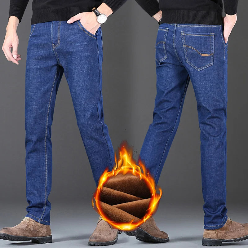 New Men’s Winter Warm Plush Stretch Jeans Thicken Fleece Denim Long Pants Bussiness Casual Baggy Stacked Trousers Thermal Jeans