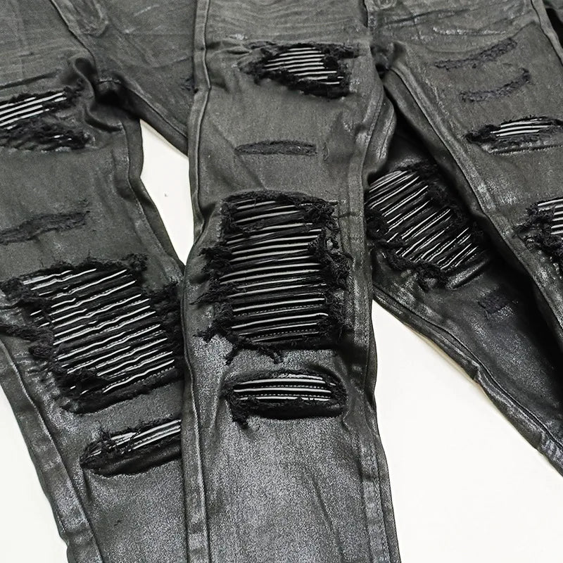 Owen Seak Men‘s  Oil wax Jeans Cotton Denim Slim Autumn Hole Pencil Trousers Designer luxury Pants