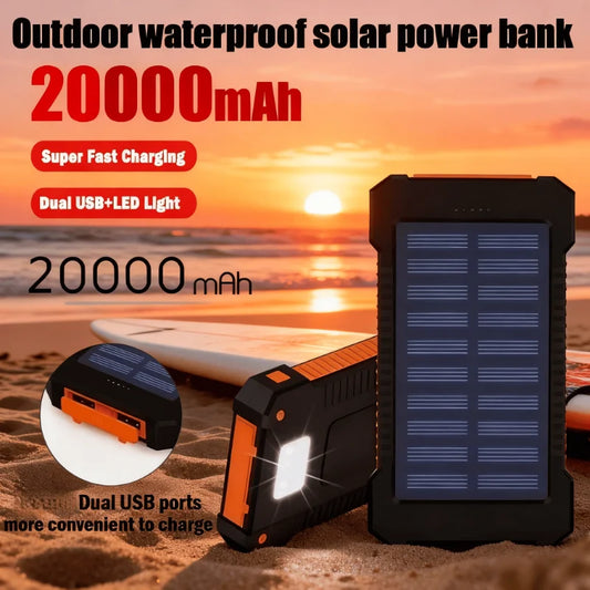 20000mAh Portable Solar Power Bank External Battery Fast Charging Waterproof Powerbank with SOS Flashlight Poverbank for Xiaomi