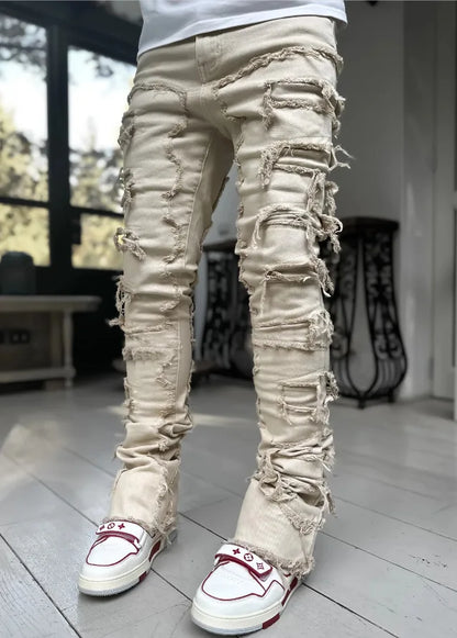 New Men's Fashion Jeans Work Pants, European and American Fashion Workwear Elastic Patchwork Denim Layered Flared Pants S-XXL