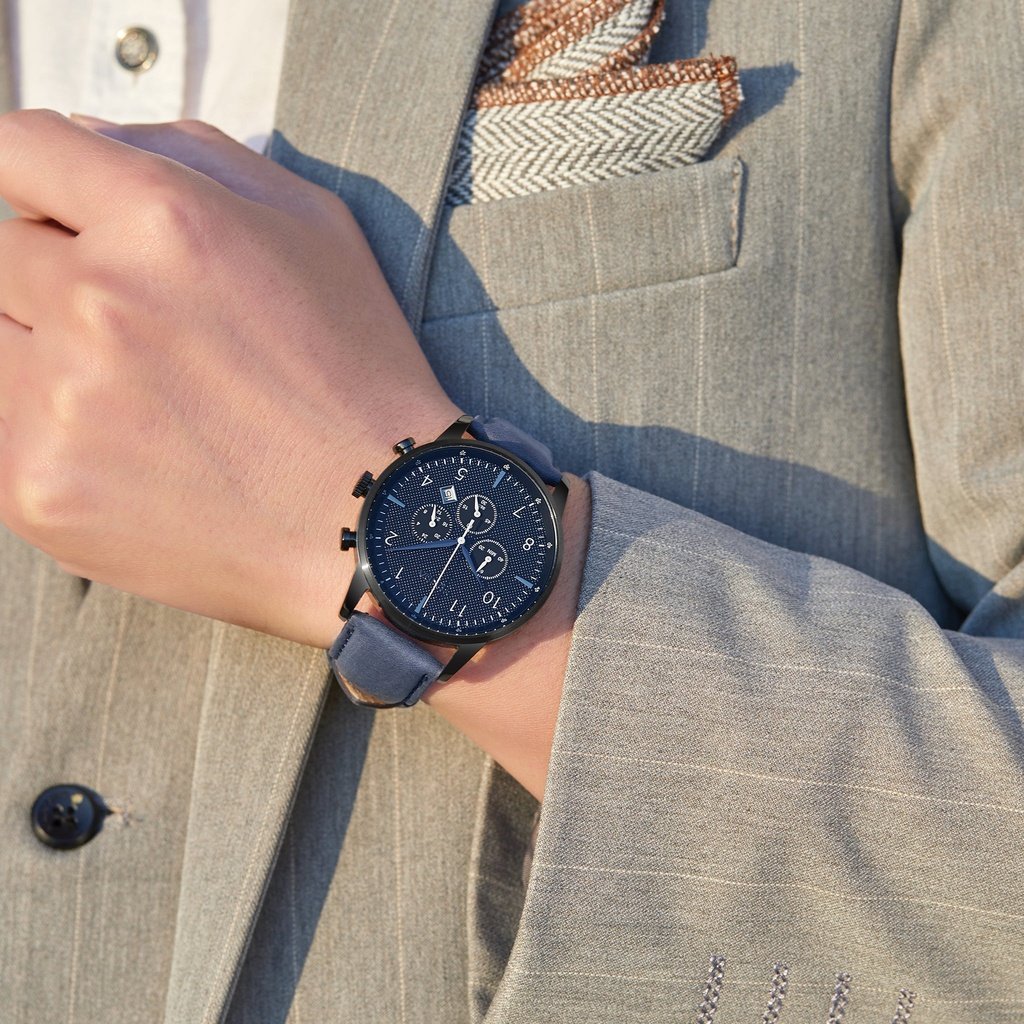 Reloj Trnda para hombre de acero inoxidable negro con correa de cuero azul | Trn-43dbl