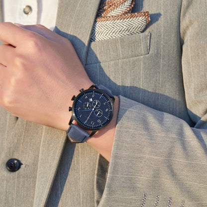 Trnda Men's Black Stainless Steel Watch, Blue Leather Band | Trn-43dbl