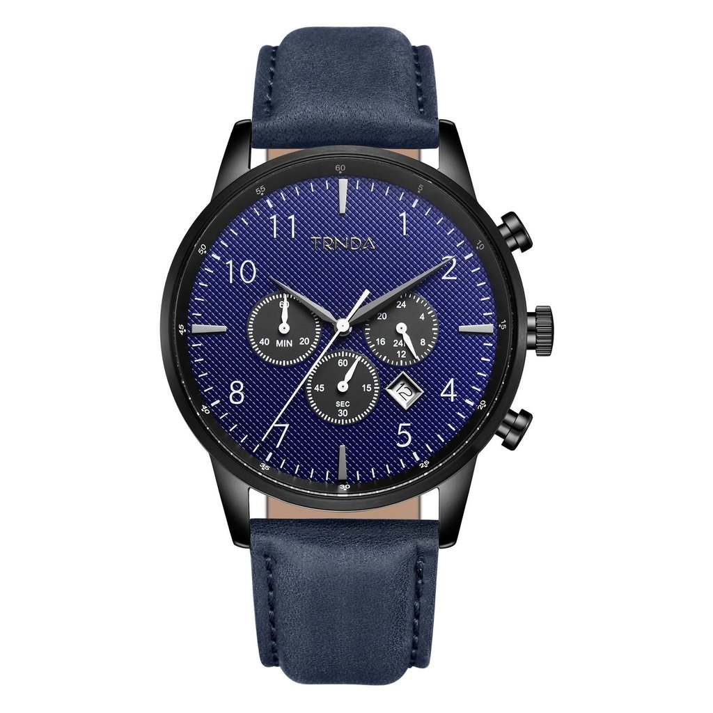 Reloj Trnda para hombre de acero inoxidable negro con correa de cuero azul | Trn-43dbl