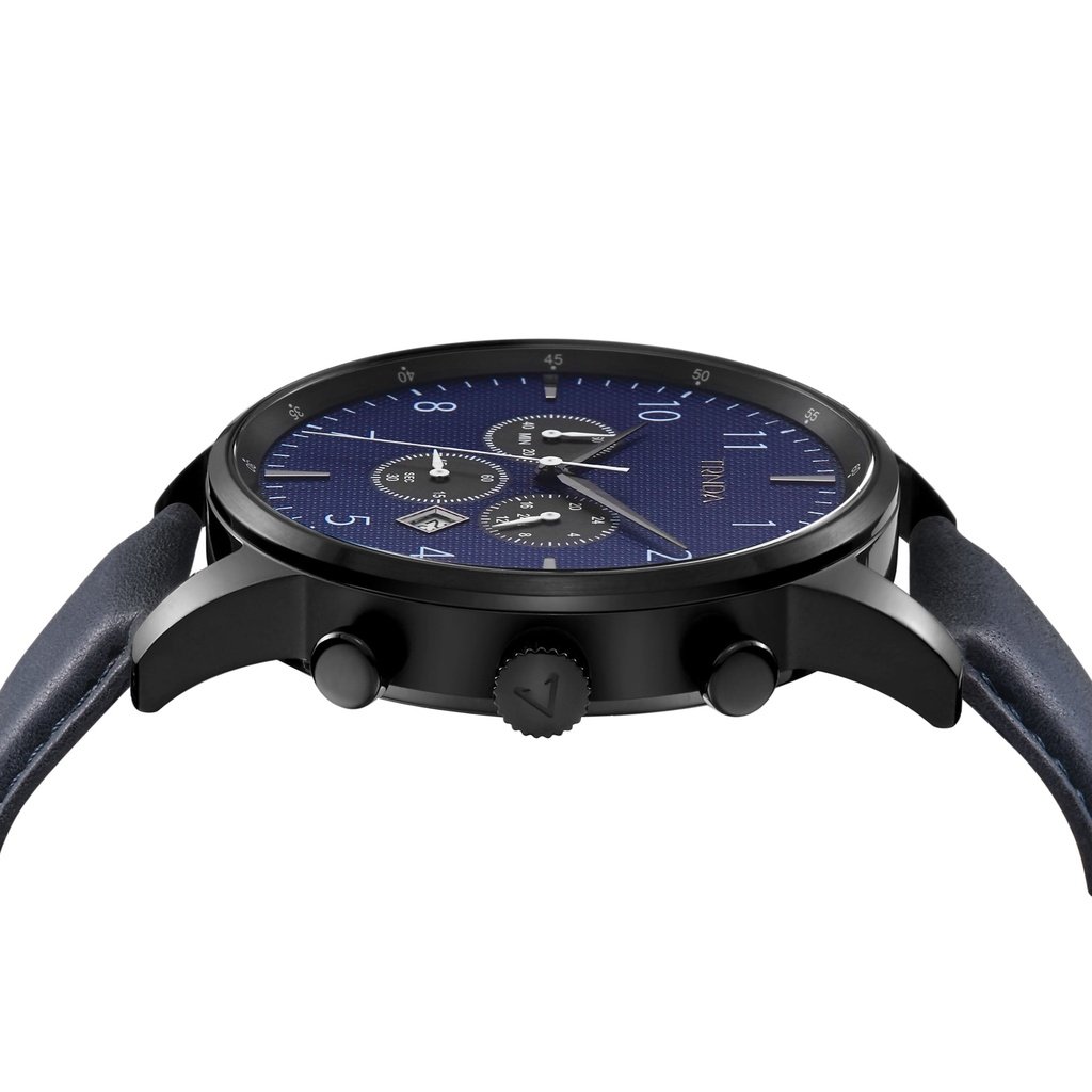 Reloj Trnda para hombre de acero inoxidable negro con correa de cuero azul | Trn-43dbl