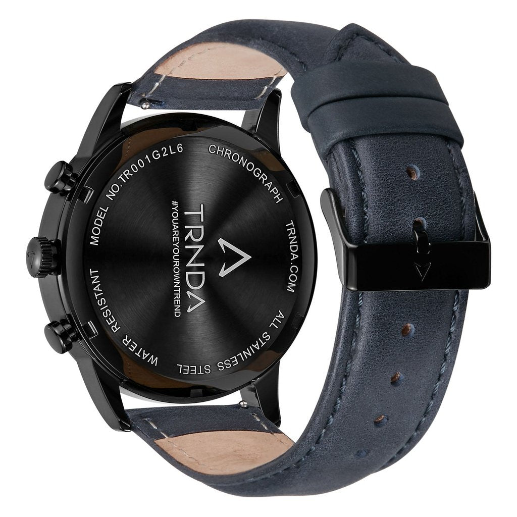 Reloj Trnda para hombre de acero inoxidable negro con correa de cuero azul | Trn-43dbl