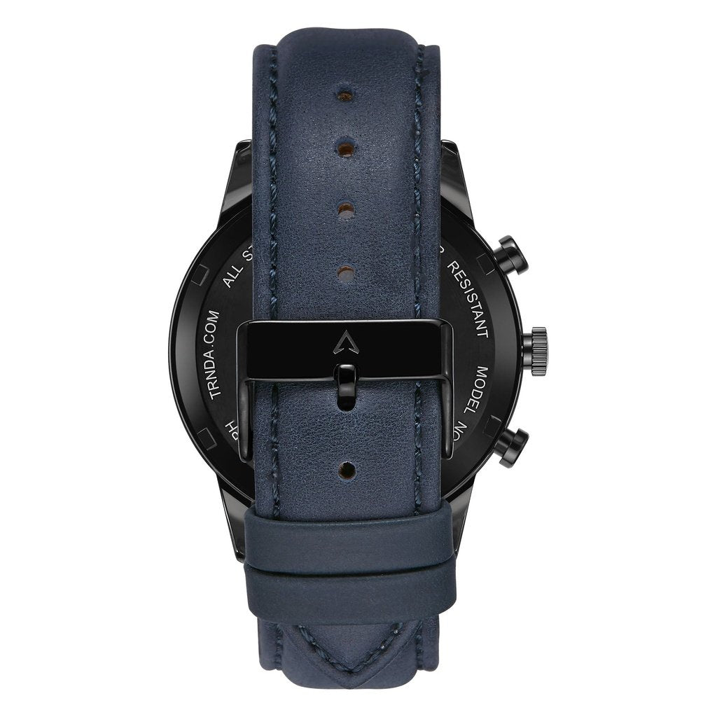 Reloj Trnda para hombre de acero inoxidable negro con correa de cuero azul | Trn-43dbl