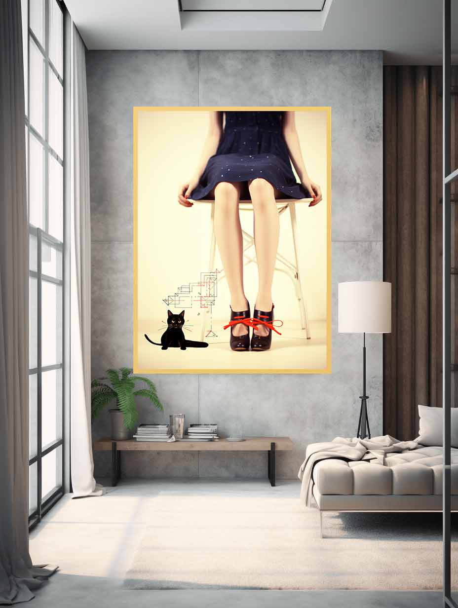 Sexy Girl  & cat  Modern Art Canvas Art Print