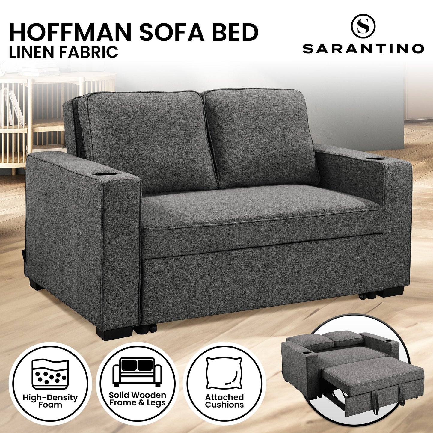 NNEDSZ Sarantino Hoffman Linen Dark Grey Convertible Sofa Bed Couch Lounge With Cushions Cupholders Scandinavian-style Wooden Frame And Legs