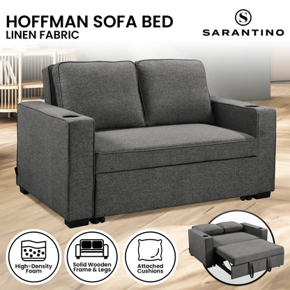 NNEDSZ Sarantino Hoffman Linen Dark Grey Convertible Sofa Bed Couch Lounge With Cushions Cupholders Scandinavian-style Wooden Frame And Legs