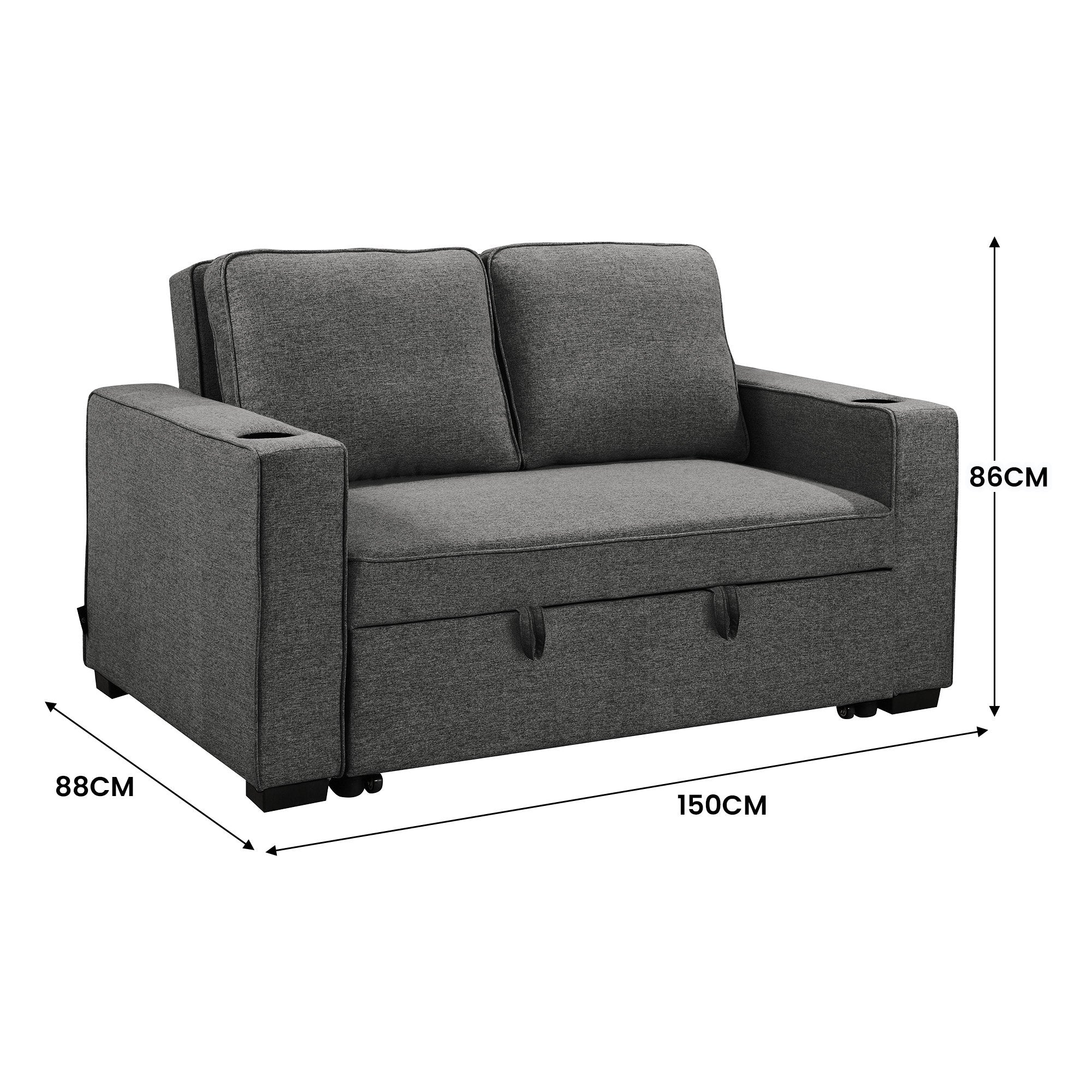 NNEDSZ Sarantino Hoffman - Sofá cama convertible en lino gris oscuro con cojines y portavasos, estructura y patas de madera de estilo escandinavo 