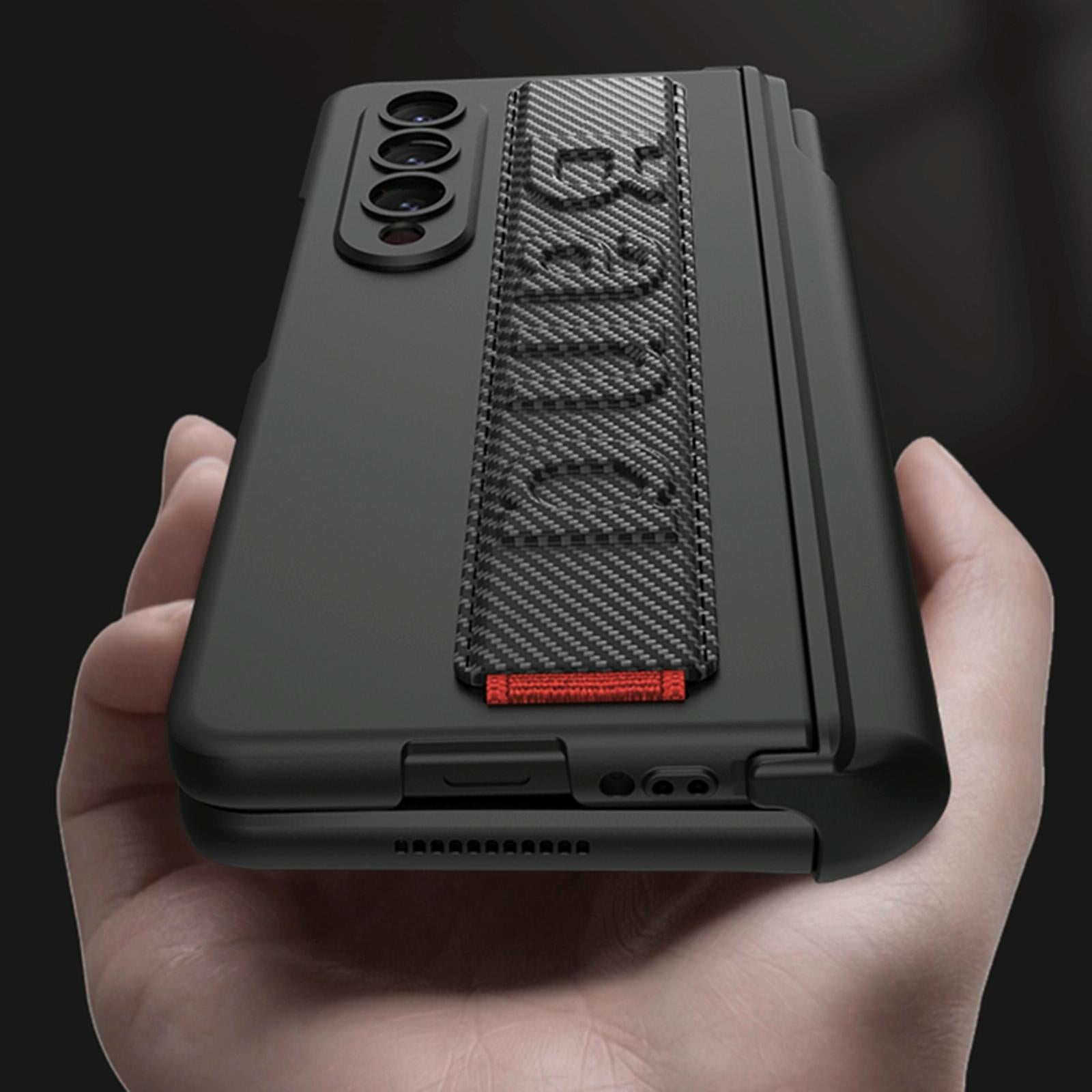 NNEDSZ Funda plegable magnética a prueba de golpes para Samsung Galaxy Z Fold 4 con correa para la muñeca - Fibra de carbono