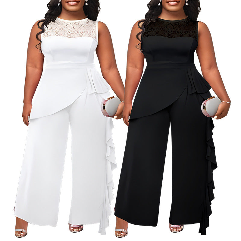 Solid-color Elegant Patchwork Loose-fitting Straight-leg Jumpsuit