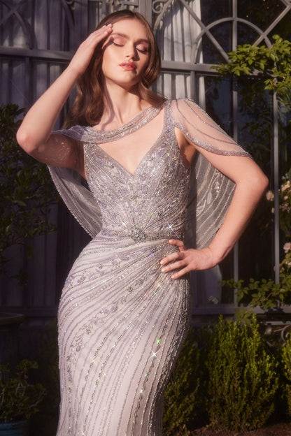 Shoulder Drape Crystal Beaded Gown