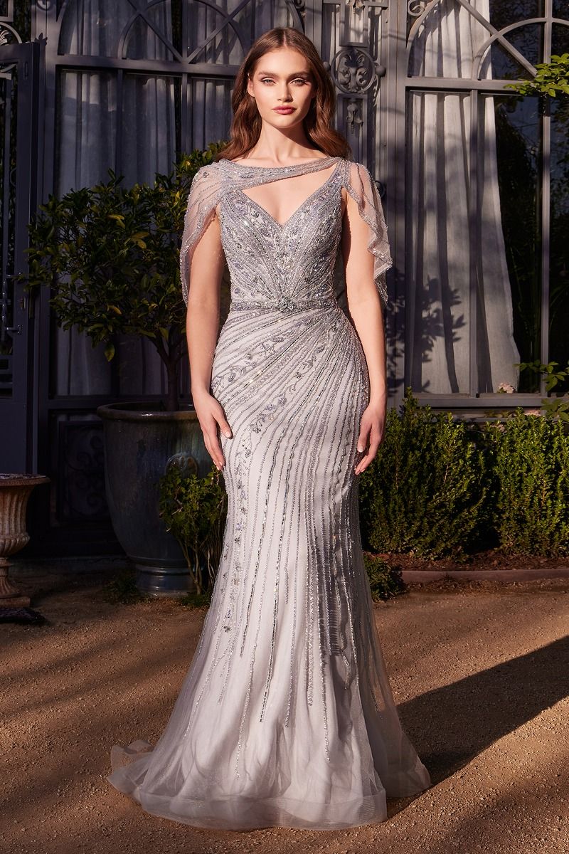 Shoulder Drape Crystal Beaded Gown