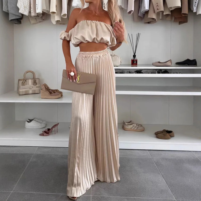 Traje de pantalón ancho con top de tubo de satén para mujer