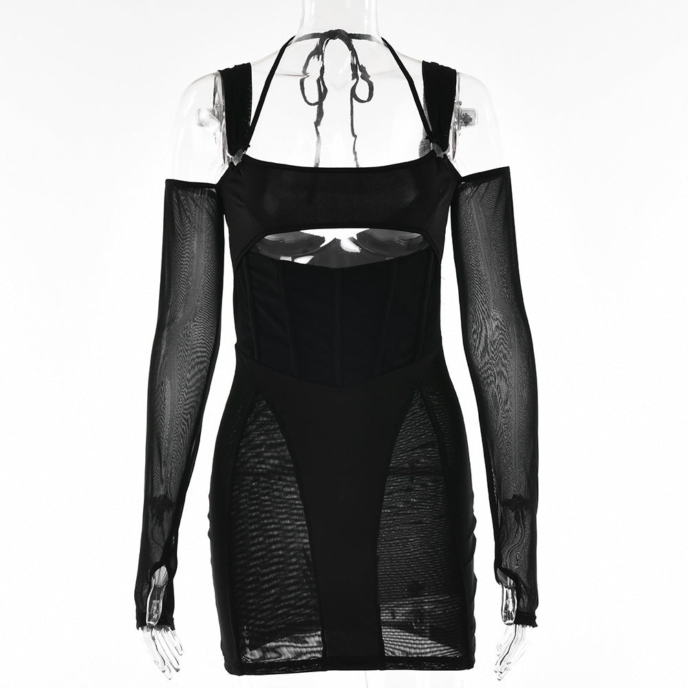 Vestido ajustado con tirantes para mujer, falda de malla transparente con espalda descubierta y cadera.