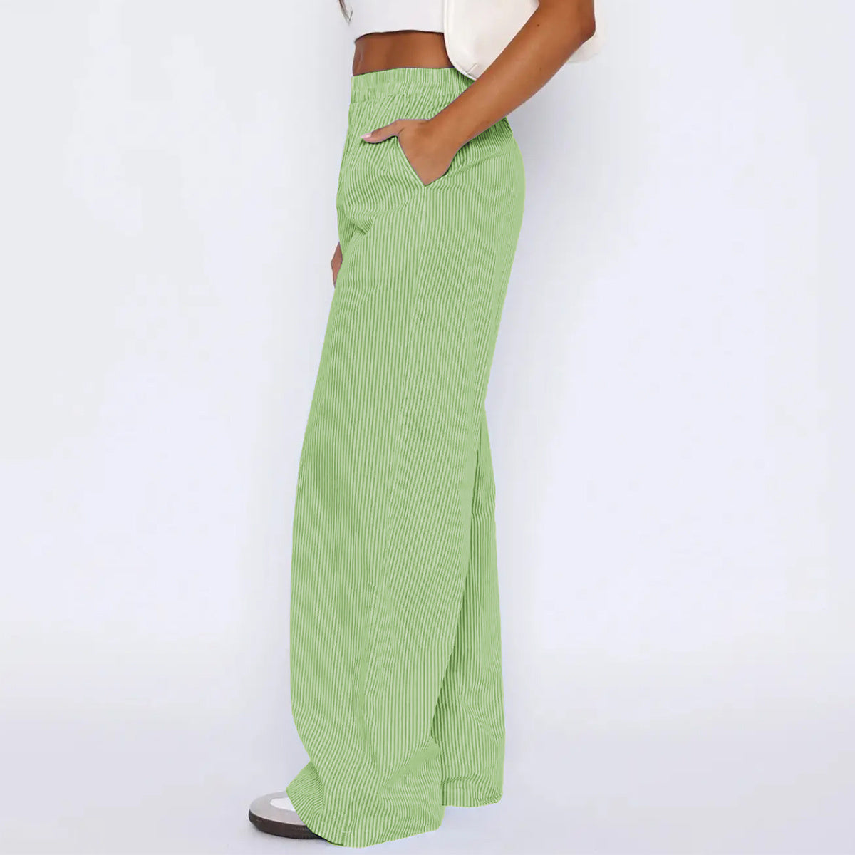 Pantalones a rayas con bolsillos, pantalones casuales de pierna ancha y rectos para mujer.