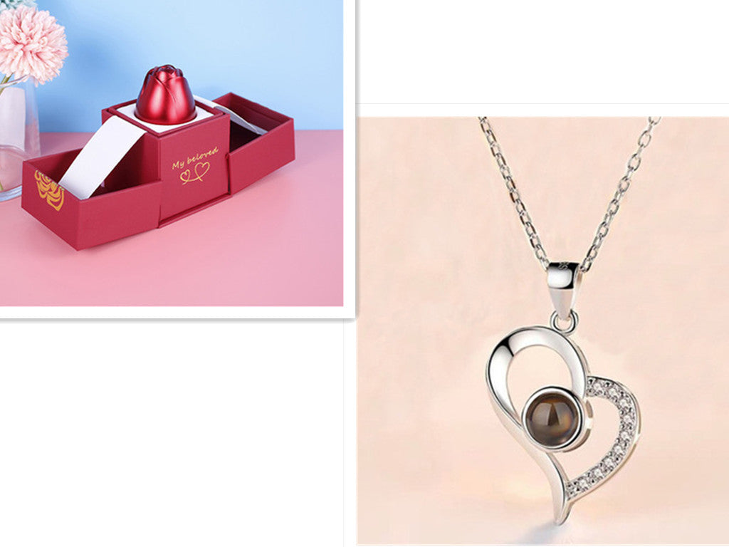 Regalos populares para el Día de San Valentín: collar con caja de regalo de joyería de rosa de metal para boda, collar para novia, regalos