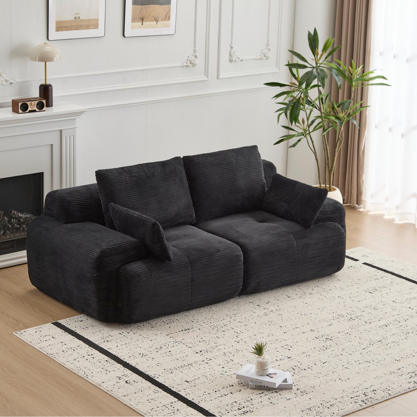 Modern Memory Foam Compressed Sofa,2 Seater Large Sectional Couches For Living Room,Pet-Friendly Cloud Modular Sectional Sofa,Corduroy Fabric,Extra Deep Loveseat,No Assembly Required, Black