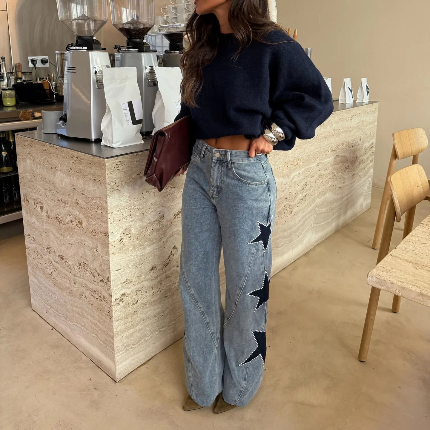 Pantalones vaqueros rectos holgados con diseño de estrella de cinco puntas y estilo casual a la moda