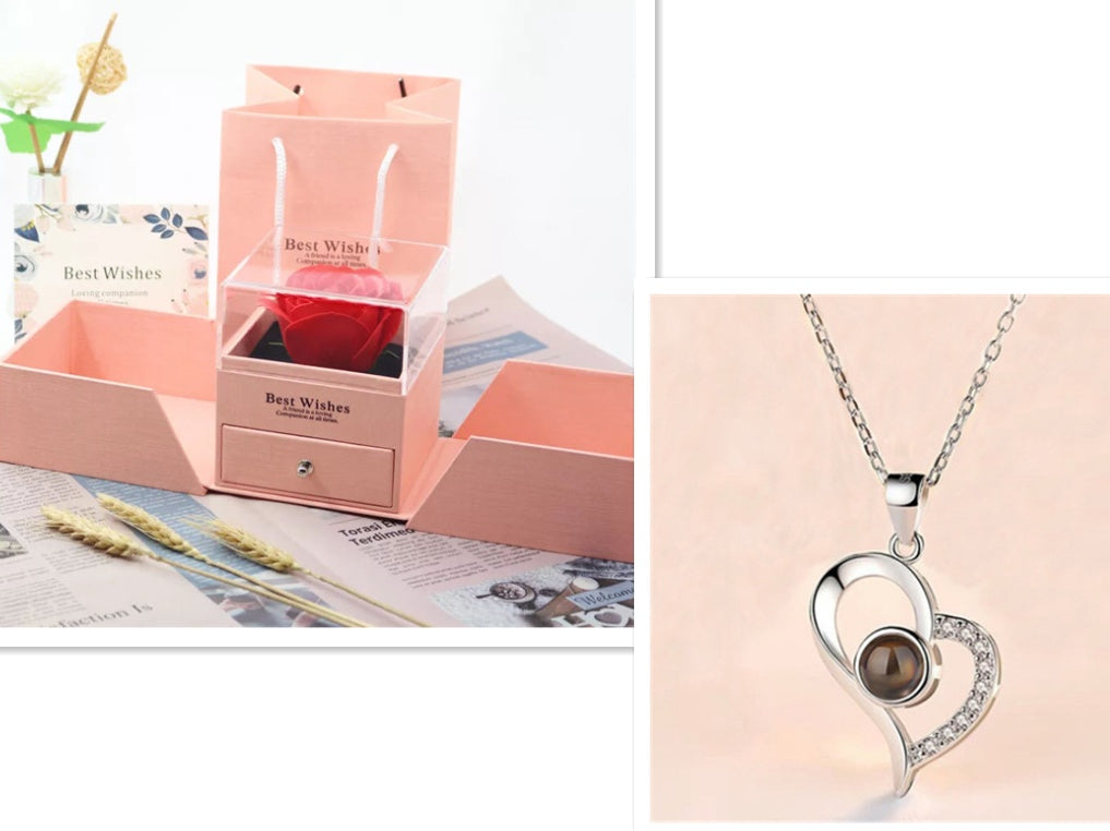 Regalos populares para el Día de San Valentín: collar con caja de regalo de joyería de rosa de metal para boda, collar para novia, regalos