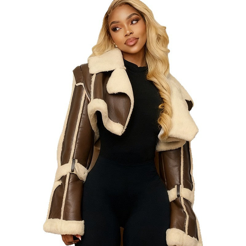 Leather-and-Fur-Trim Short Jacket For Women