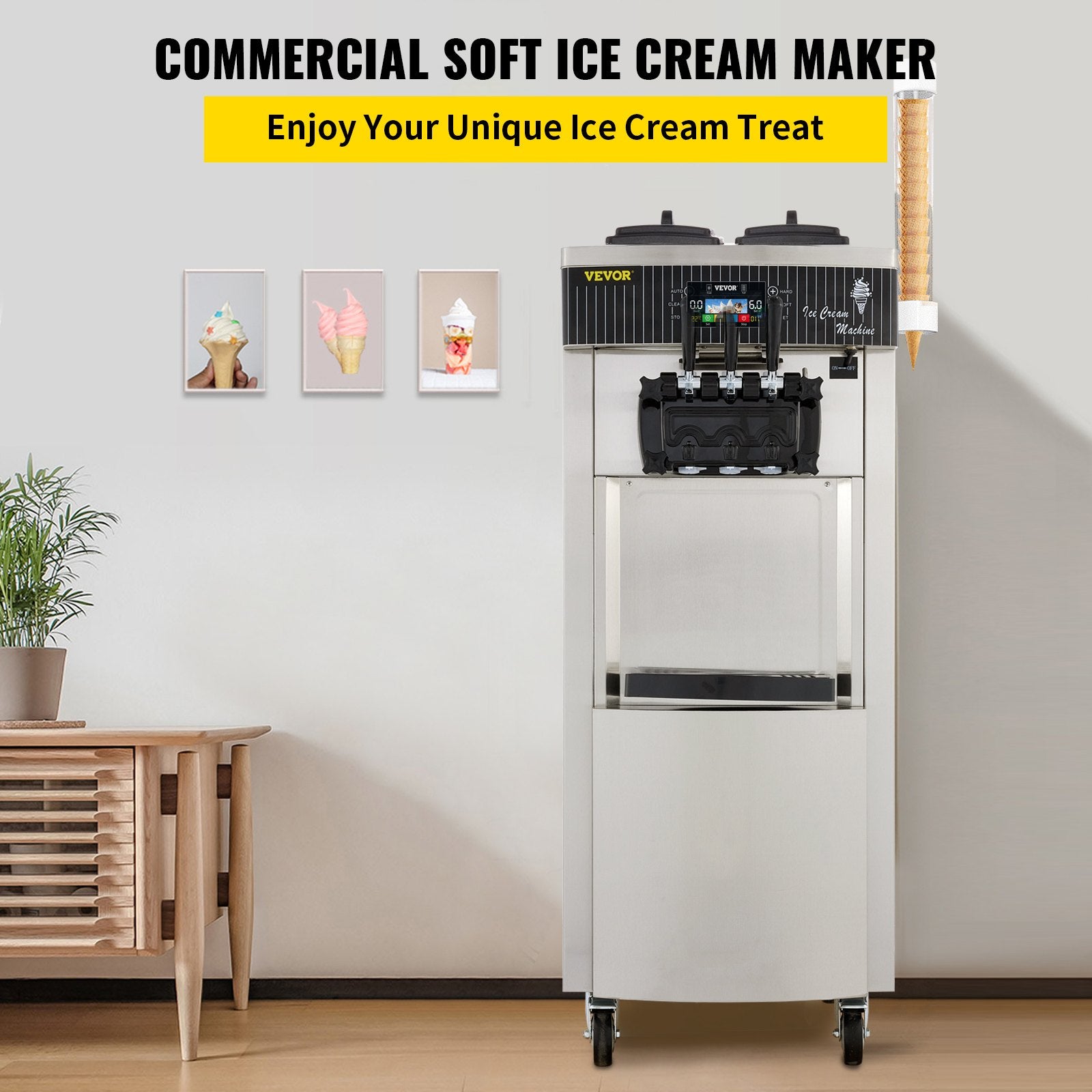 Máquina comercial para hacer helado suave, 2200 W, yogurtera, 3 sabores, de 5.3 a 7.4 galones por hora, pantalla LCD autolimpiable, ideal para restaurantes y cafeterías, acero inoxidable.