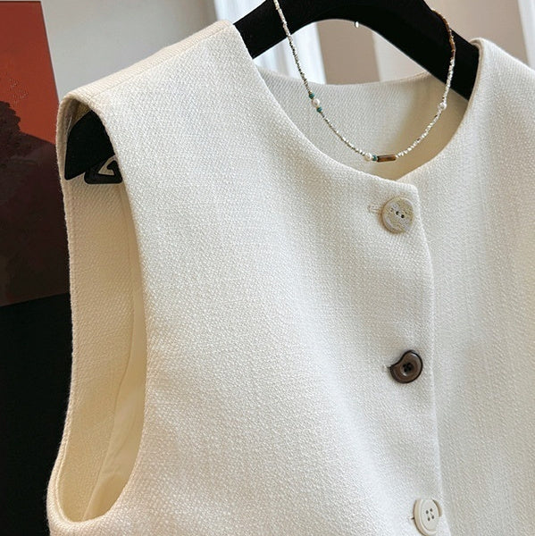 Chaleco de cuello redondo estilo francés, prenda exterior de temperamento, vestido de vendaje sin mangas