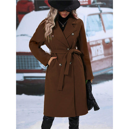Lapel Double-breasted Trench Coat With Belt Winter Fashion Solid Color Long Jacket Outwear Women Clothing