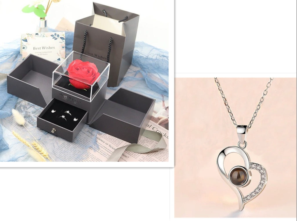 Regalos populares para el Día de San Valentín: collar con caja de regalo de joyería de rosa de metal para boda, collar para novia, regalos