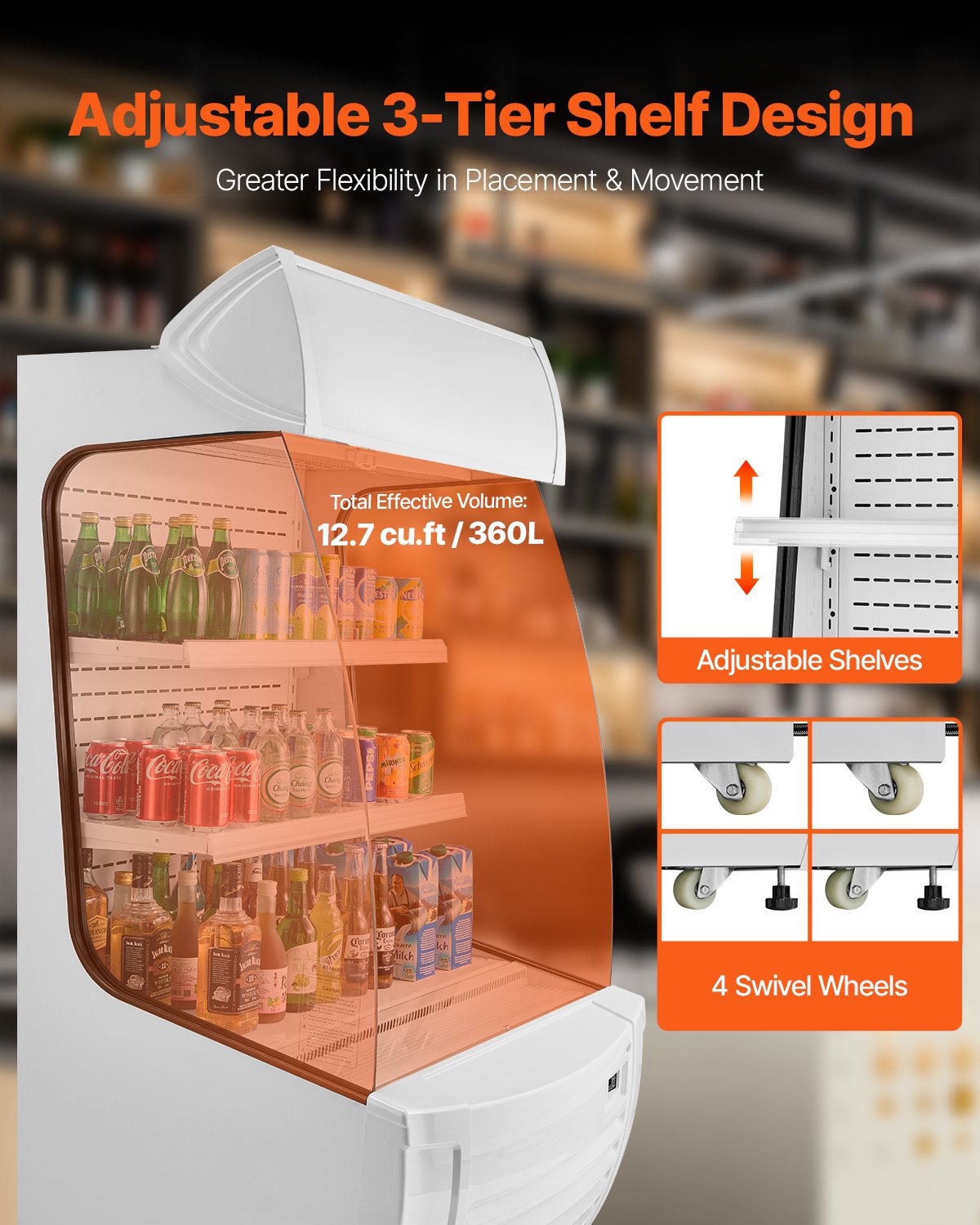 Refrigerador comercial de exhibición al aire libre con estantes de 2 niveles, refrigerador de exhibición listo para llevar con cortina de aire y luz LED publicitaria, ideal para restaurantes, tiendas y oficinas, 12.7 pies cúbicos.