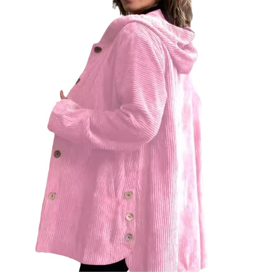 Chaqueta de pana con capucha para mujer, moderna, cálida, con bolsillos y botones, de longitud media, informal, para otoño e invierno.