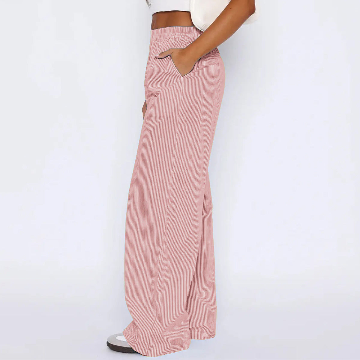 Pantalones a rayas con bolsillos, pantalones casuales de pierna ancha y rectos para mujer.