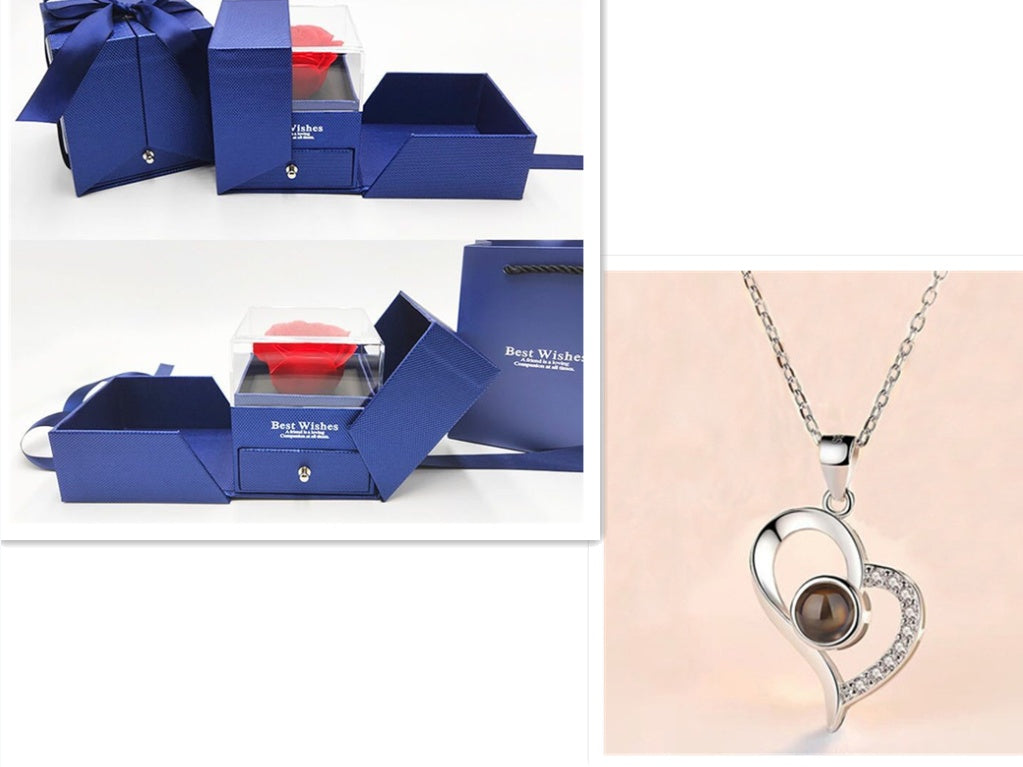Regalos populares para el Día de San Valentín: collar con caja de regalo de joyería de rosa de metal para boda, collar para novia, regalos