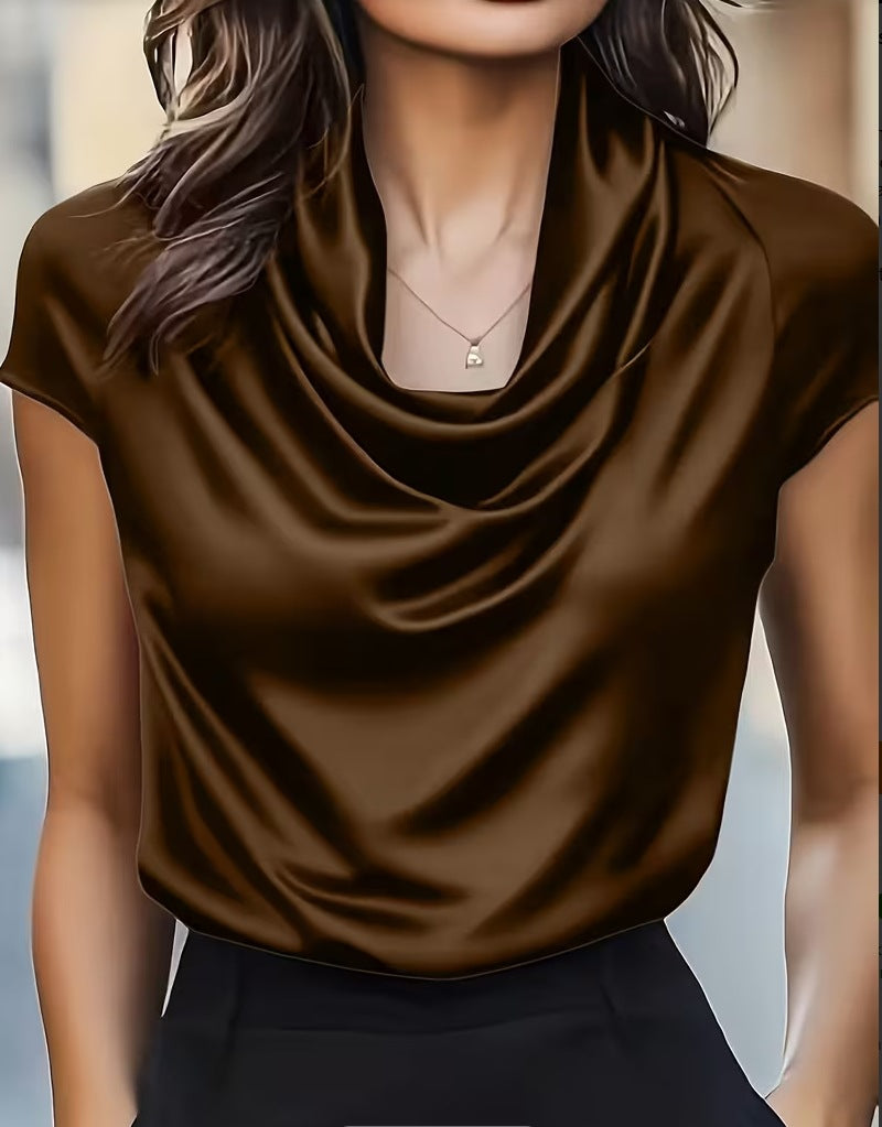 Top drapeado de manga corta con cuello barco en color liso para mujer