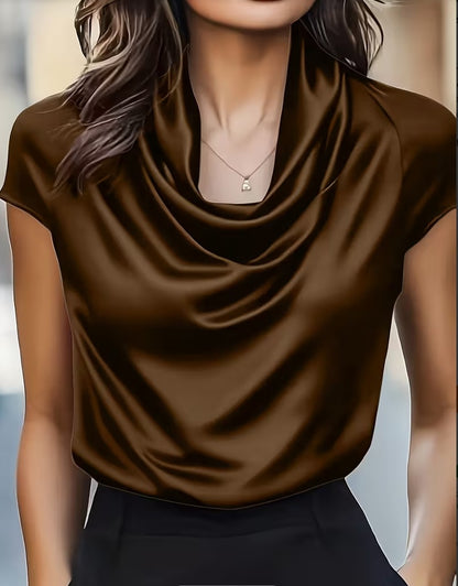 Womens Solid-color Boat-neck Drapey Short-sleeve Top