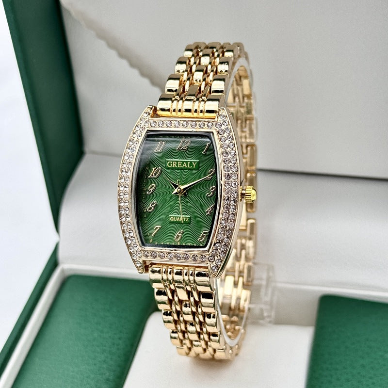 Reloj de cuarzo para mujer con esfera en forma de barril y pulsera de metal con incrustaciones de diamantes