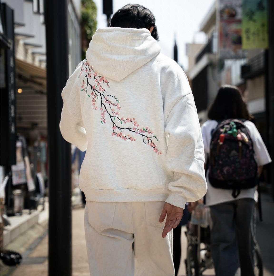 Suéter con capucha de flor de cerezo para hombre y mujer, estilo hip hop callejero retro, estilo europeo y americano, para otoño e invierno