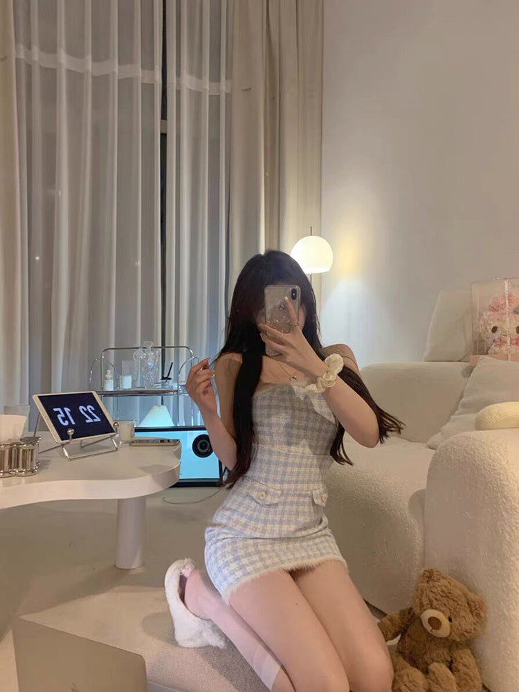 Estilo clásico azul blanco adulto dama como mujer viento elegante traje